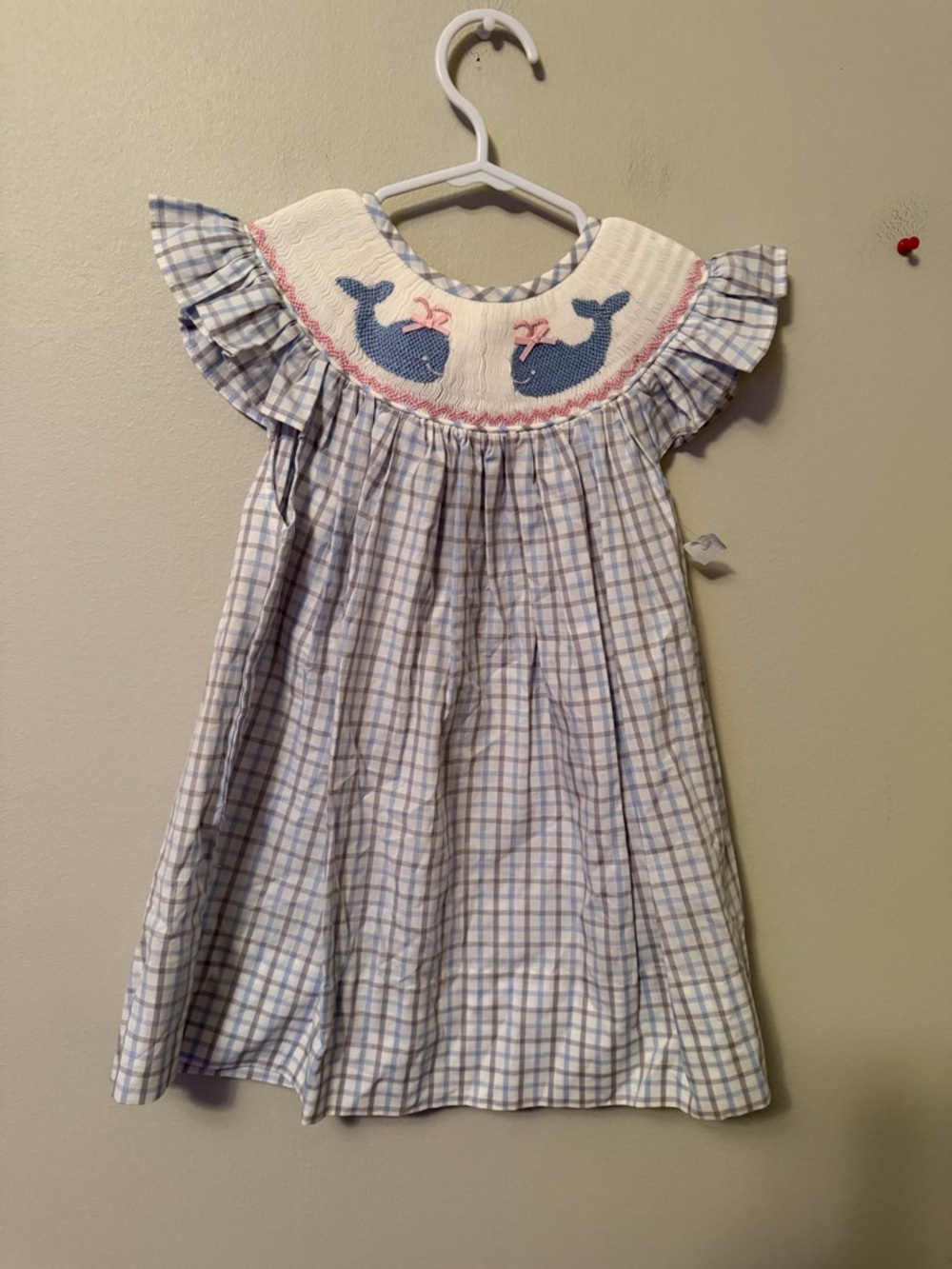 Cecil and Lou Smocked Whale Plaid Girls Dress - Blue and White